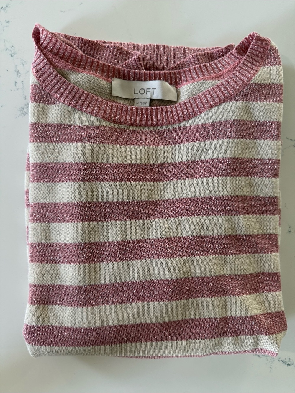 LOFT Rose Pink and Cream Striped Crewneck Sweater